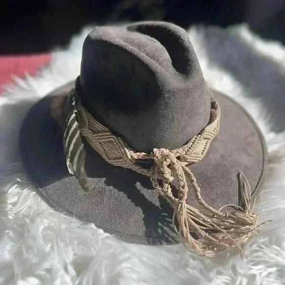 Custom Felt hat with plumes & macrame boho Tulum Suede Western Hat Widebrim main image 6